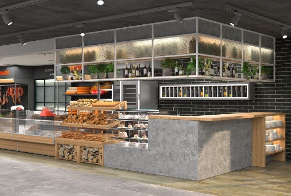 3D rendering of the interior of a grocery store.
